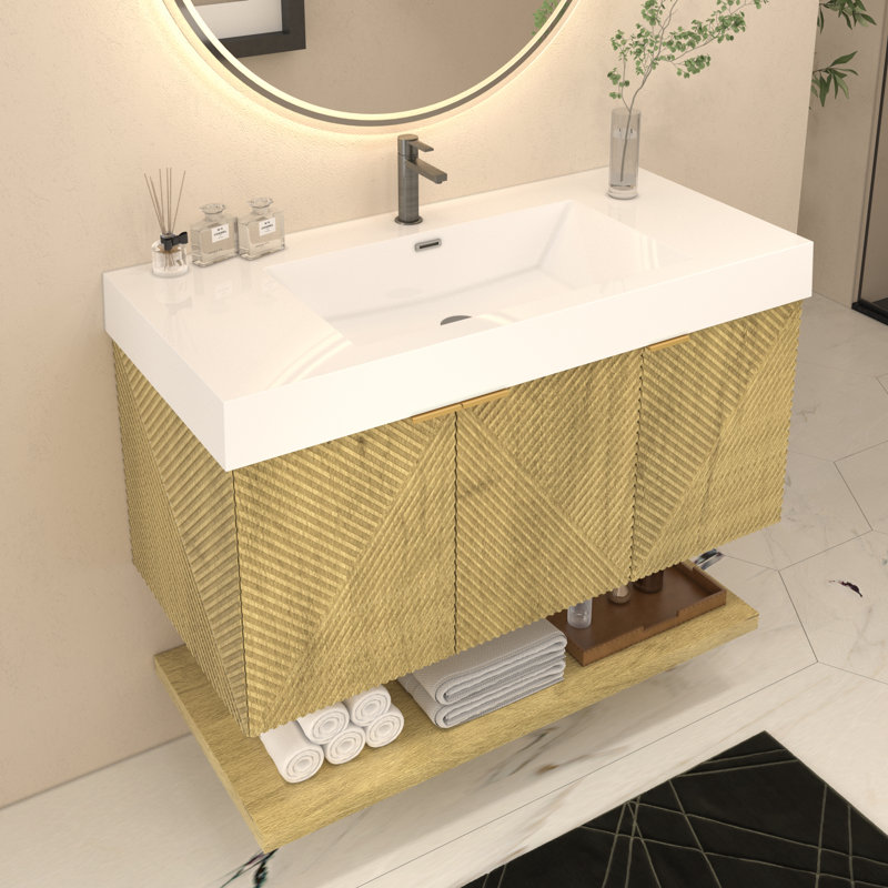 Ensemble de meuble-lavabo mural 42 pouces avec portes et tiroir intérieur Moreno Stella, Chêne et teck