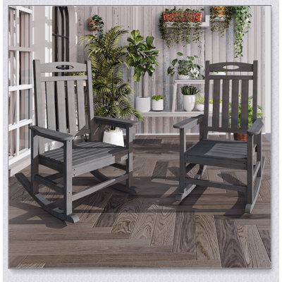 Oversized Outdoor Rocking Chair Set of 2, HDPE Patio Rockers for Adults, Comfortable and Sturdy for Porch, Garden, and Lawn, Grey
