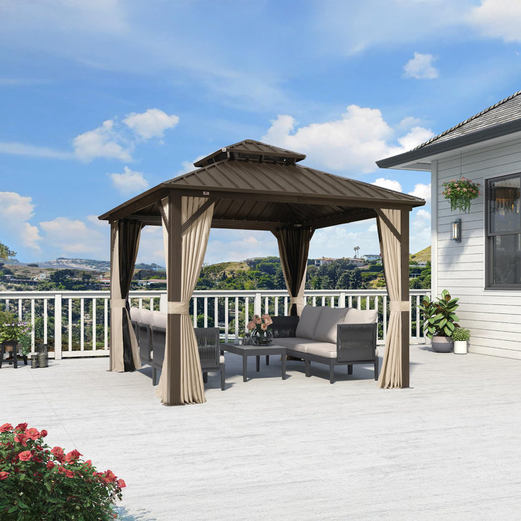 Aluminum Patio Hardtop Bronze Gazebo with Privacy Curtain and Mosquito Netting