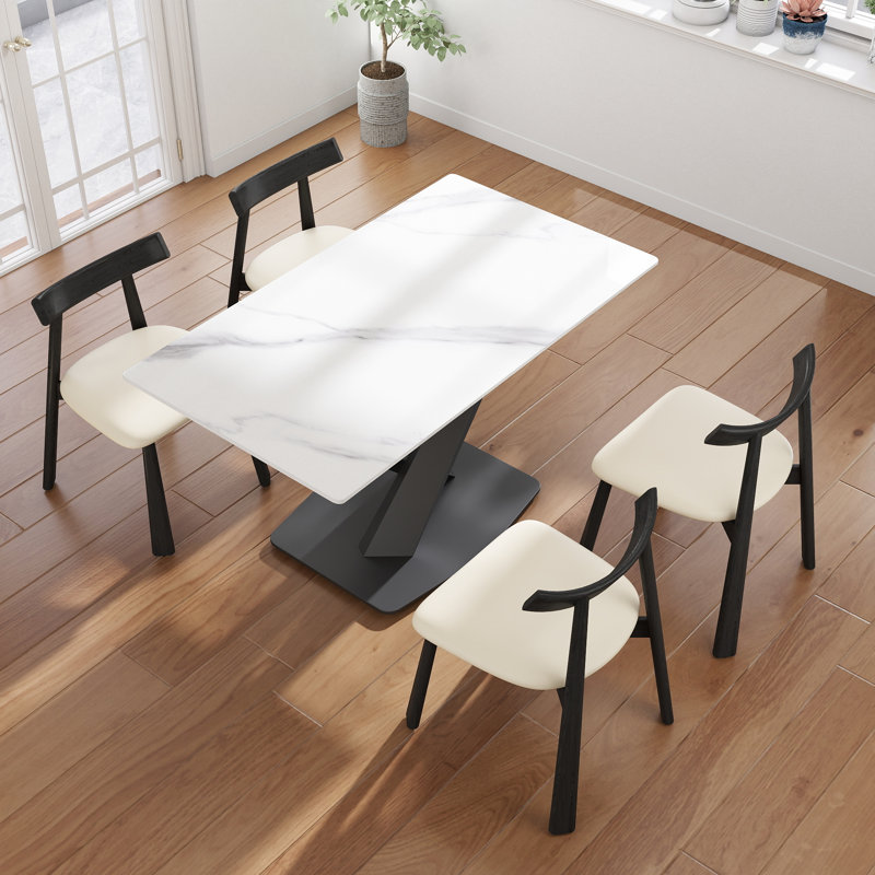 5-Piece Modern Rectangular Sintered Stone Dining Table Set With 4 Faux Leather Chairs, Beige/Black, Snow White