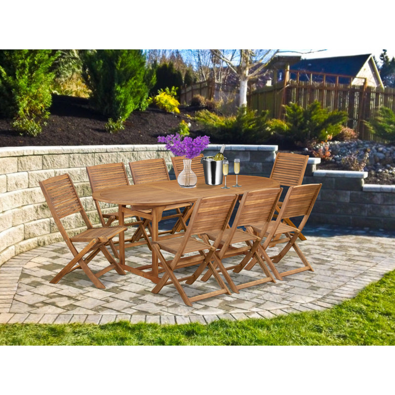 Ensemble de table de jardin 9 pièces comprenant une table de salle à manger d'extérieur ovale en bois d'acacia et 8 chaises d'appoint pliantes, 36 po x 78 po, huile naturelle