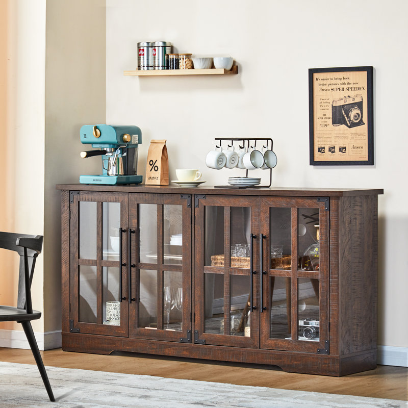 Brown 63" Rustic Wood Sideboard with Glass Doors