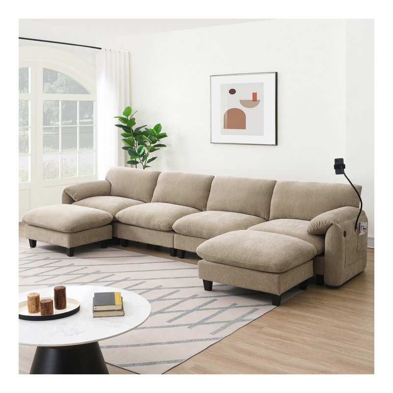 Canapé modulaire de 140 po en forme de U avec coussin de siège extra large de 31,5 po, chargeur USB et de type C, support pour téléphone et 2 poches de rangement latérales, repose-pieds à mouvement libre, chenille rayée