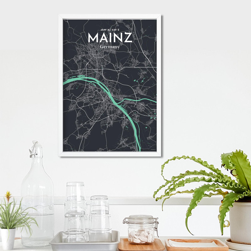 Mainz, carte de la ville, impression, H 27,6 po x l 19,7 po, Vert/gris