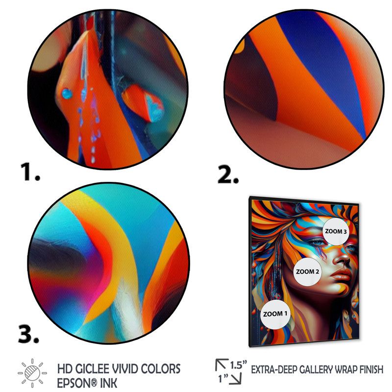«Dynamic Feather Woman Portrait IV», impression sur toile, H 40 po x l 30 po x P 1,5 po, Cadre photo noir