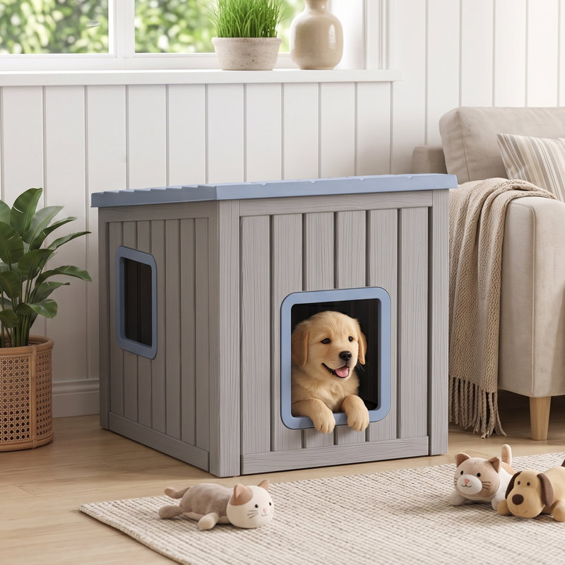 Maison pour animaux d'extérieur en résine résistante aux intempéries avec toit incliné (bleu et gris) 22,23 "H, Bleu/Gris
