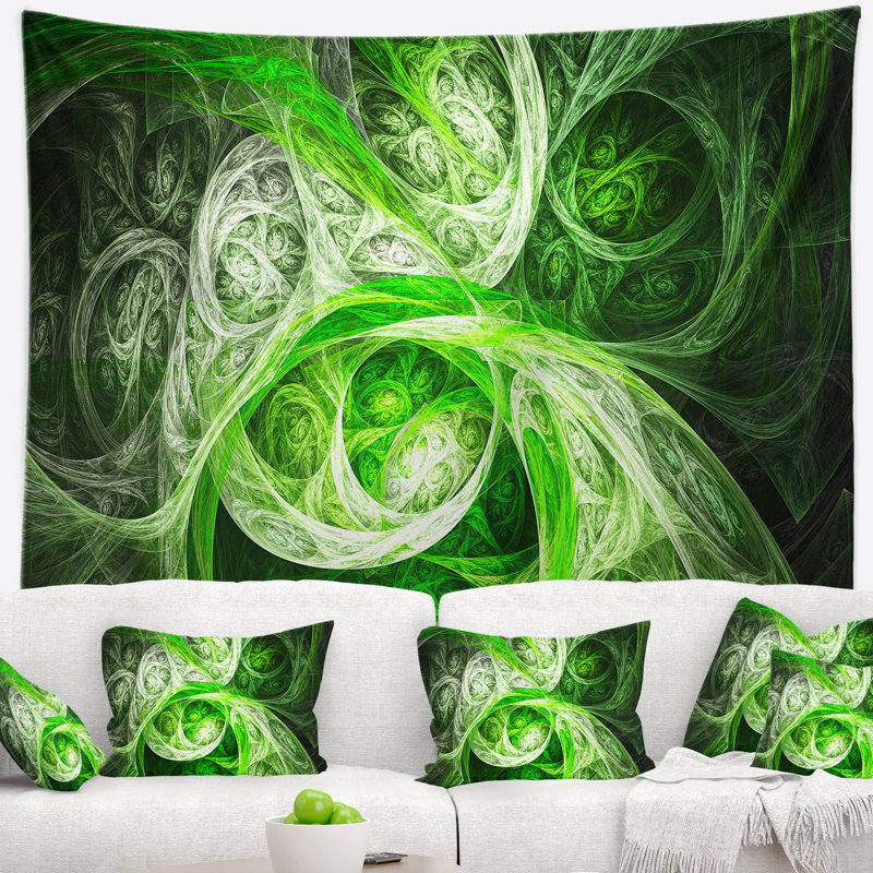 Tapisserie abstraite mystique vert fractal, H 32 po x l 39 po