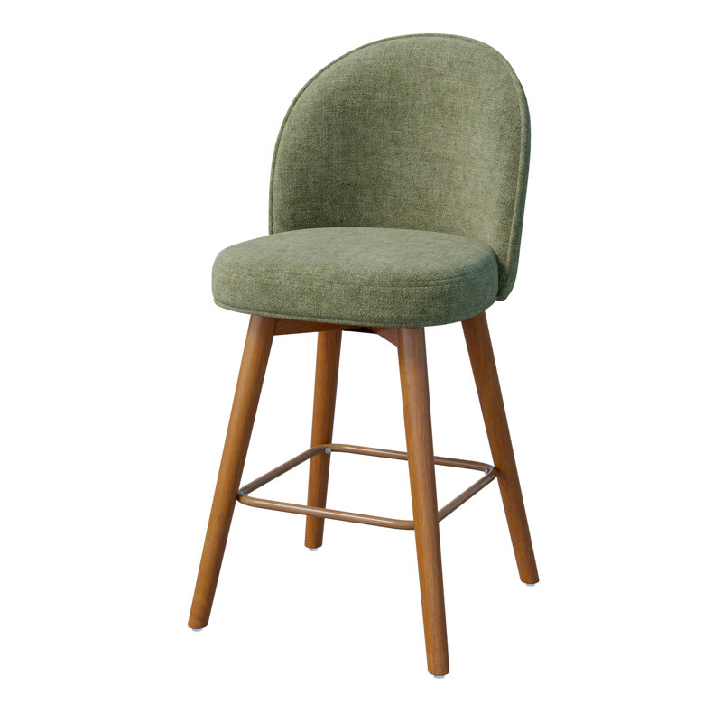 Tabouret de bar moderne à hauteur de comptoir avec dossier, revêtement en chenille verte, pieds non pivotants en bois d'hévéa avec finition noyer