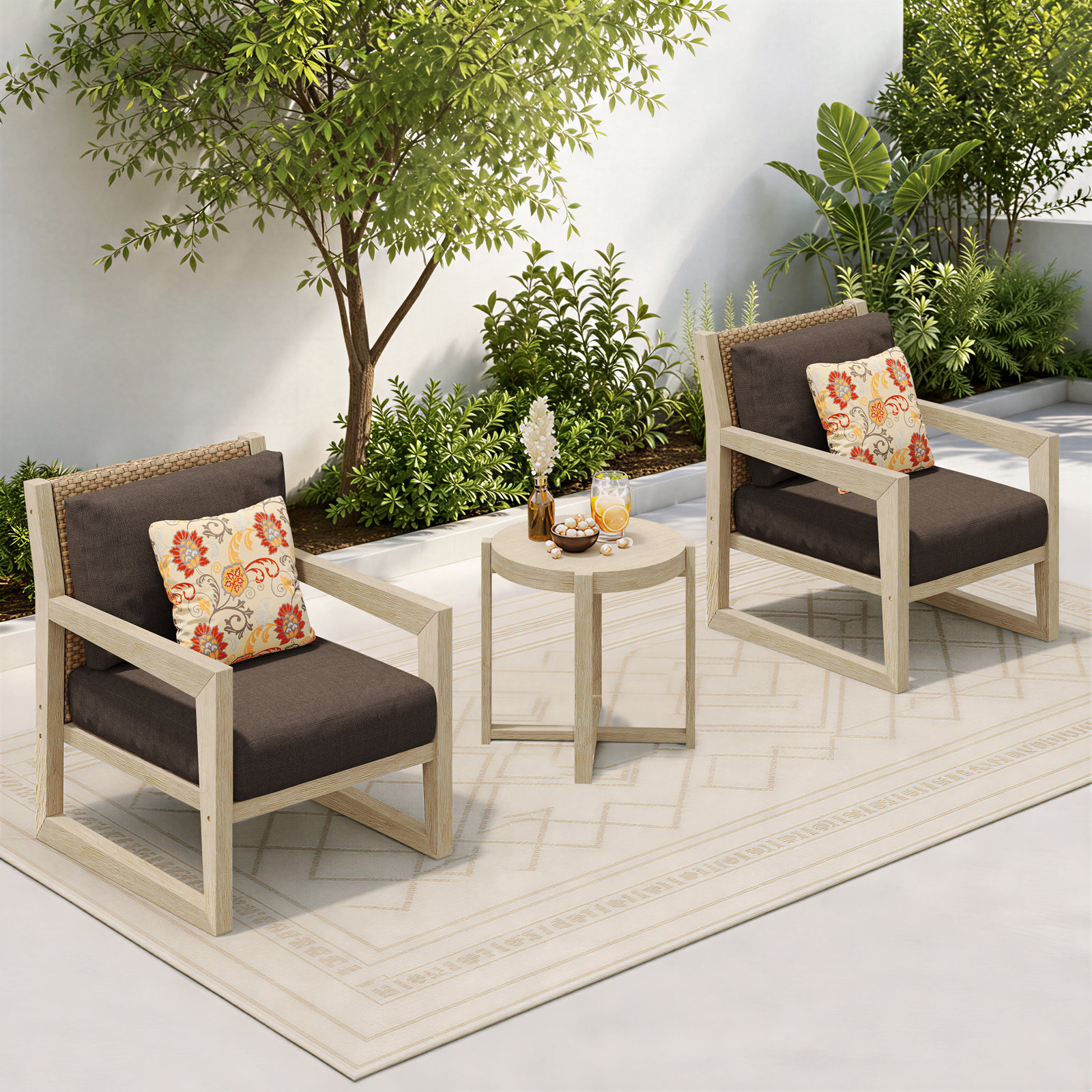 Caigan 2-Person Sunbrella® Patio Seating Group, Antique White Frame/Dark Brown Sunbrella Cushion