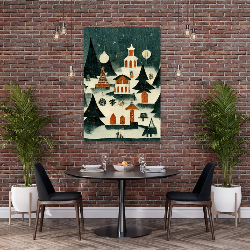 «Winter Village», rétro, rétro, pin, paysage, hiver, reproduction d'art murale, 60" H x 40" W