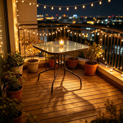 Table carrée de patio pour l'extérieur avec plateau en verre trempé, table bistro avec cadre en acier et trou pour parasol
