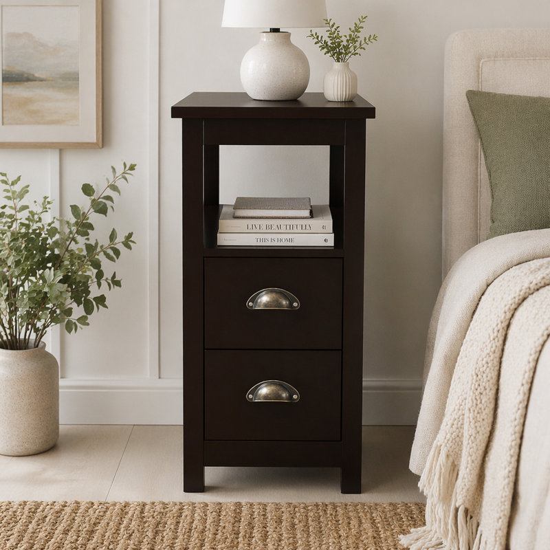 End Table, Narrow Nightstand With 2 Drawers and Open Shelf
