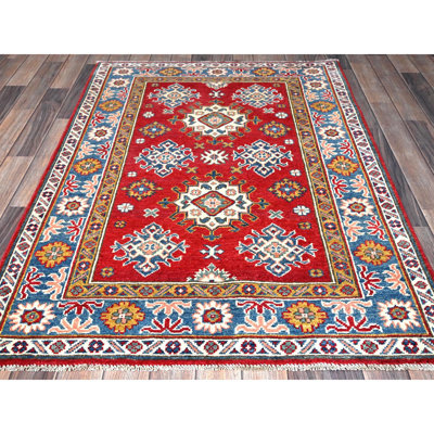 3'8"x4'10" Crimson Red, Kazak with All Over Tribal Motifs, Hand Knotted, Vegetable Dyes, Denser Weave, Pure Wool, Oriental Rug