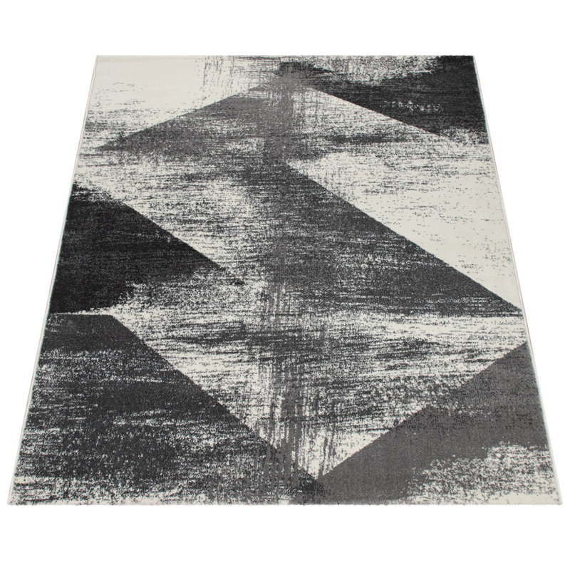 Tapis rectangulaire abstrait en polypropylène tissé à la machine anthracite / crème, Rectangle 5 pi 3 po x 7 pi 7 po