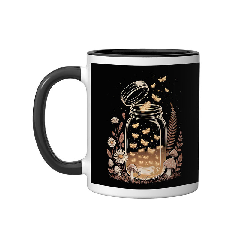 Enchanted Heart Jar Wildflowers Mushrooms Butterflies Ceramic Mug, 11oz
