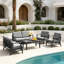 Ensemble de patio extérieur en teck pour six personnes avec coussins et deux tables Polett-442683575-442683578