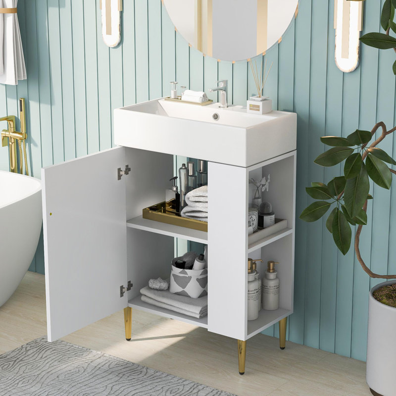 Meuble-lavabo en bois 21,6 po, Blanc, Doré