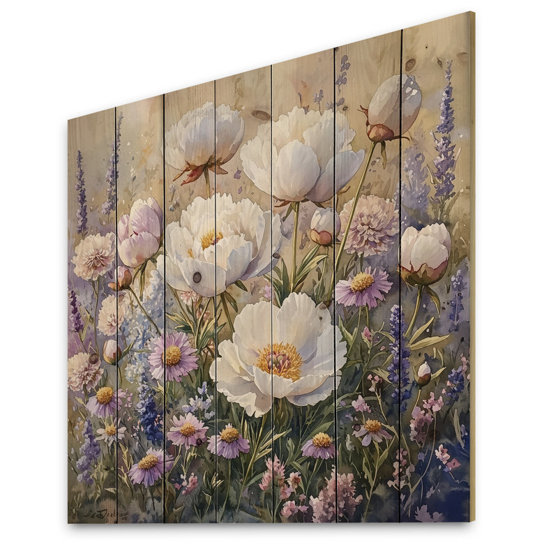 Peonies In The Wildflower Field I - Peonies Wood Wall Decor - On Natural Pine Wood, 30" H x 30" W x 0.78" D