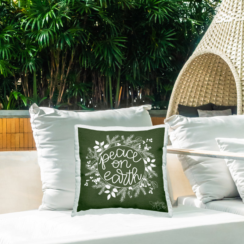 Peace On Earth Pine Wreath Outdoor Printed Pillow by Stephanie Dicks