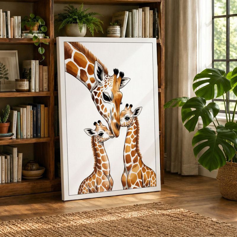 Three Giraffes Boho 1 Piece Wrapped Canvas Wall Art, 30x20 - 76.2 x 50.8 cm, Teal Border
