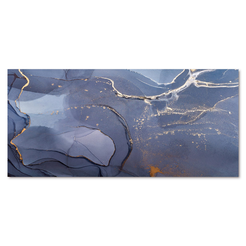 Encre liquide grise et bleue, art I - peinture sur toile, H 28 po x l 60 po, Toile tendue