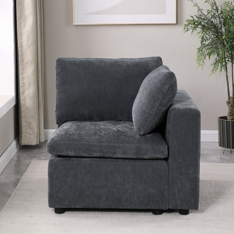 Canapé modulaire en chenille gris, fauteuil faisant face à droite, canapé gris élégant et fonctionnel, siège confortable