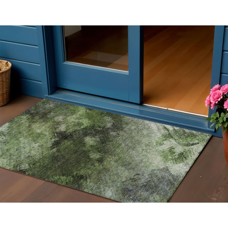 3' X 5' Green And Ivory Abstract Washable Indoor Outdoor Area Rug