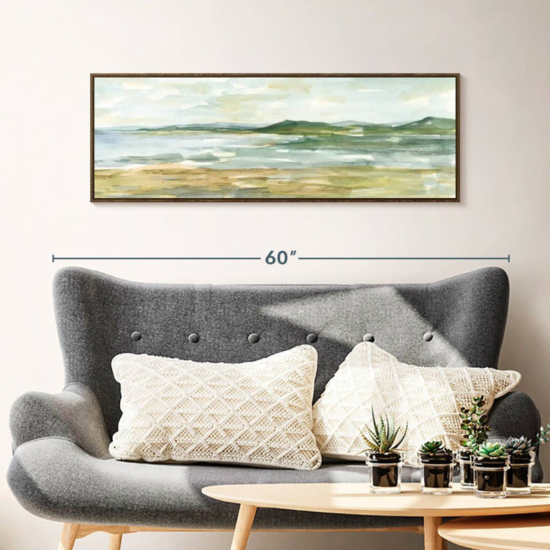 Paysage marin panoramique I, 43 po x 15 po, Cadre flottant noyer