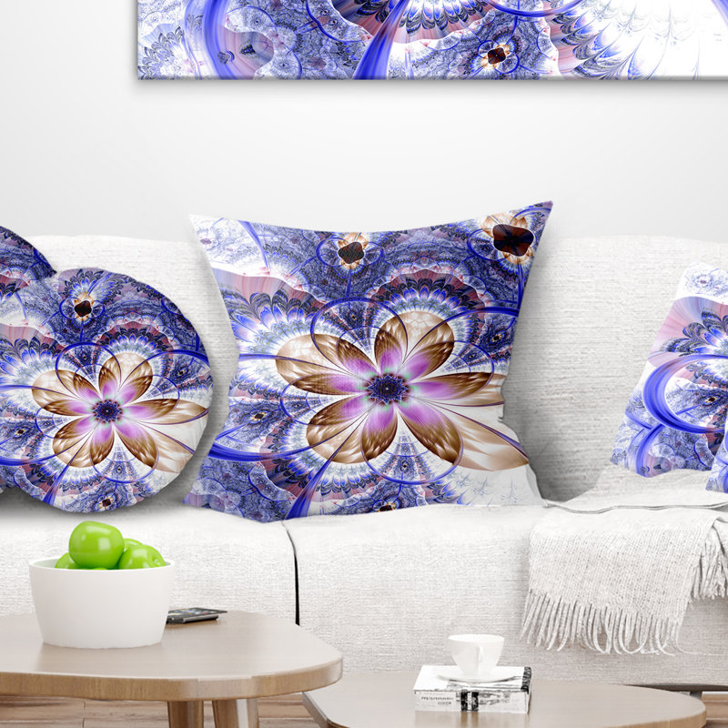 Coussin imprimé floral bleu avec fleurs fractales claires, 18 po x 18 po, Coussin décoratif