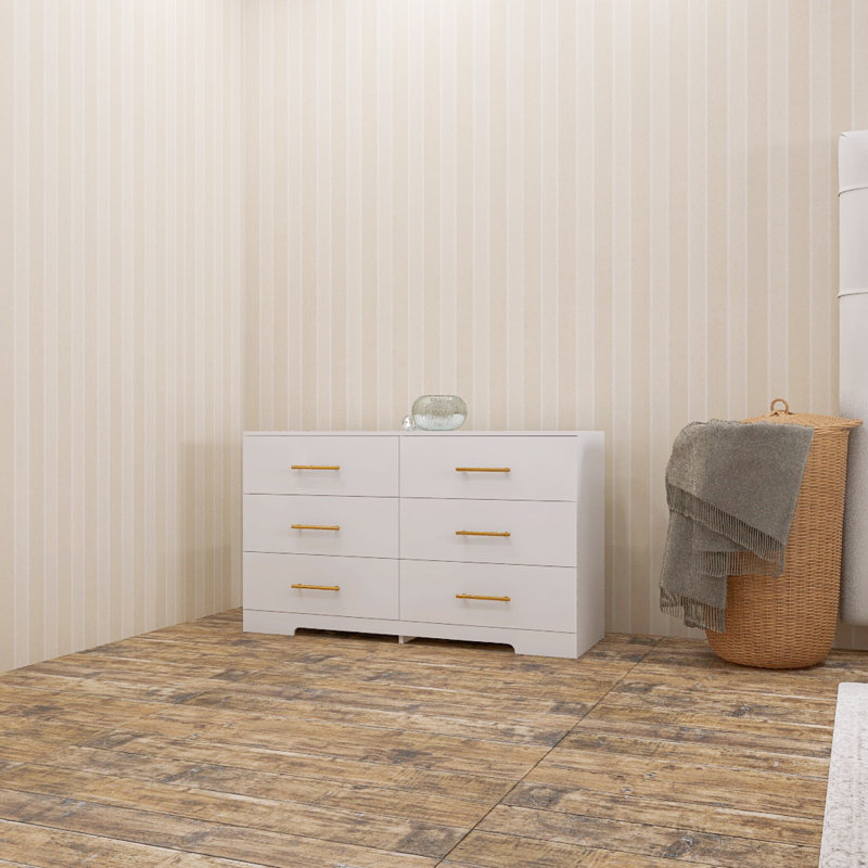 Commode 6 tiroirs blanche avec poignées dorées, bois d'ingénierie, style rustique - Chambre / Chambre d'amis, Blanc