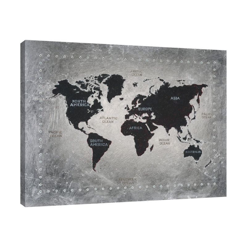 «Rivetage World Map» par James Wiens - peinture sur toile tendue, H 12 po x l 12 po x P 1,5 po