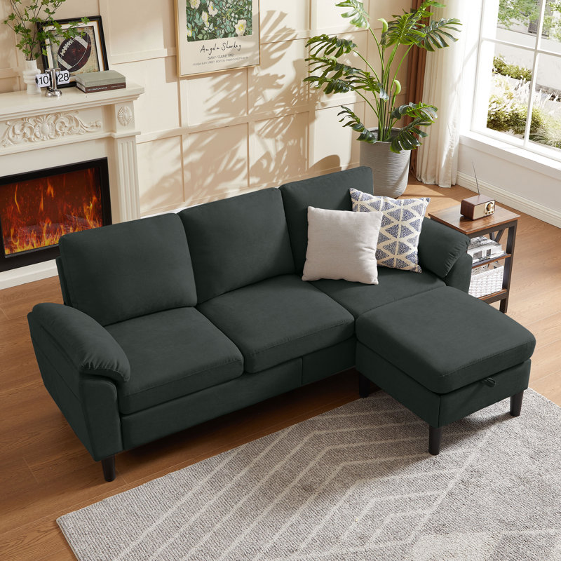 Canapé modulaire réversible avec repose-pieds de rangement 79,5 po, Mélange de lin noir