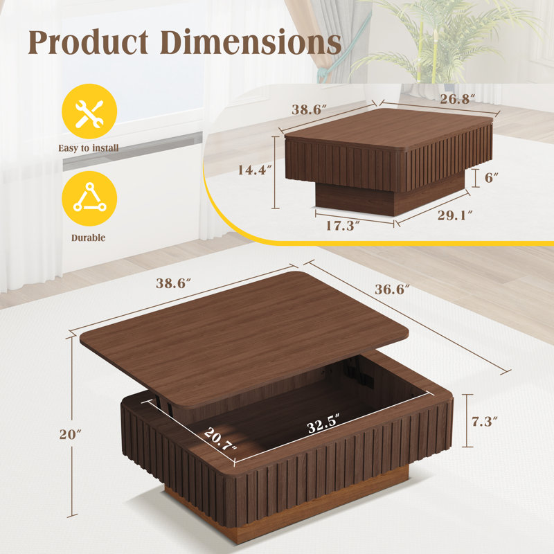 Fluted Lift Top Coffee Table With Charging Station, Mid Century Rectangle Coffee Table With Hidden Storage And Led Light, Wood Dining Tables With Lifting Top For Living Room Apartment Office