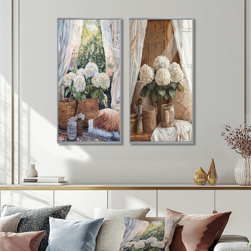 Boho hortensias par la tente Boho I - impressions sur toile florales 2 panneaux, H 40 po x l 41 po, Encadrement argenté