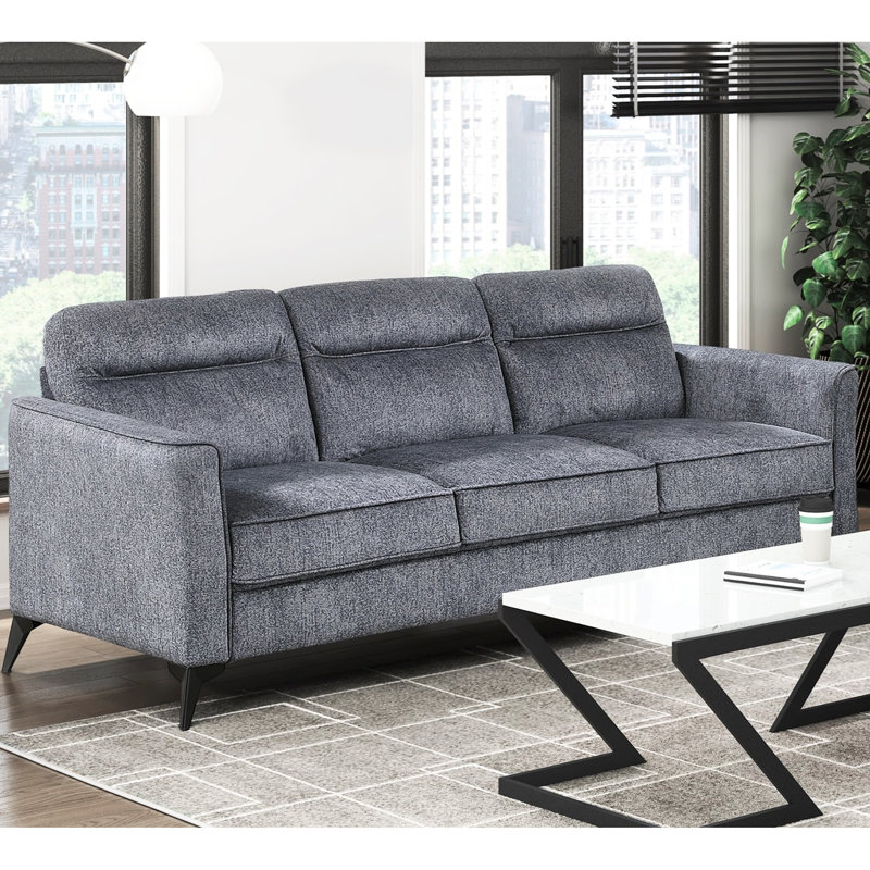Canapé contemporain en microfibre gris foncé à 3 places avec pieds en métal noir, revêtement texturé et assise confortable, ressorts ensachés en microfibre, pieds de siège, configuration d'appartement