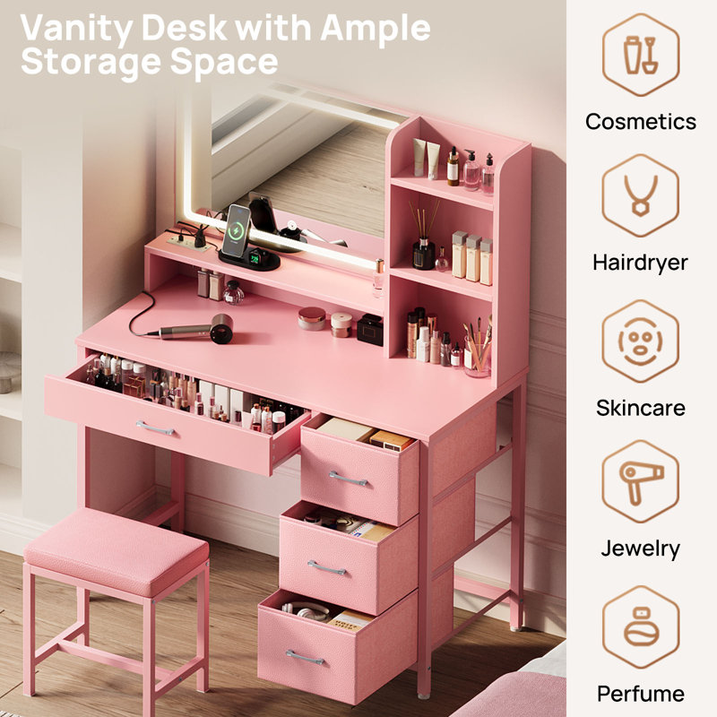 White and Gold Vanity Desk Set with LED Mirror & Lights, 4 Drawers, Power Outlets, Upholstered Stool | Makeup Dressing Table for Bedroom