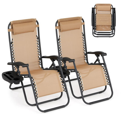 Ensemble de 2 chaises longues de patio, fauteuil inclinable d'extérieur avec plateau latéral et appui-tête - Chaises pliantes robustes en filet d'acier, chaises de camping portatives réglables pour la piscine, la plage, la cour arrière et la terrasse