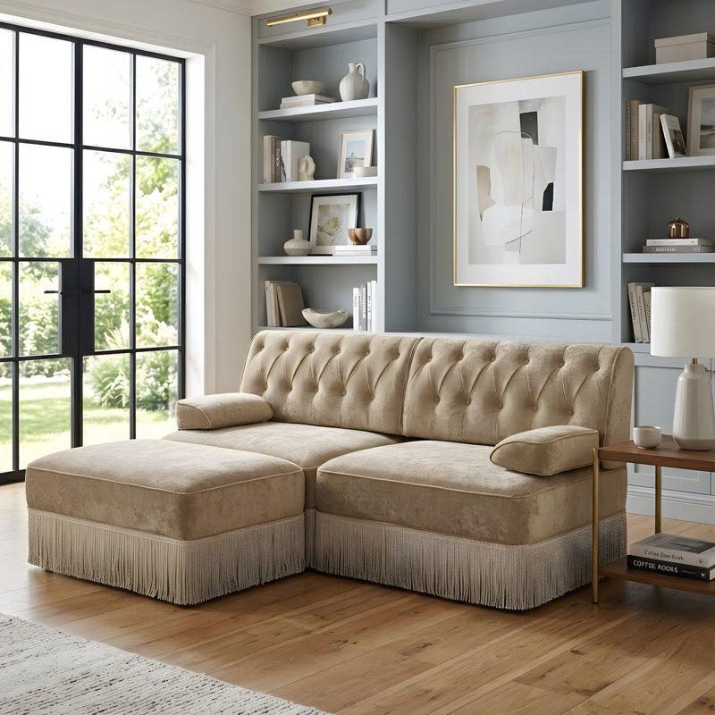 L-shaped, breathable, comfortable fringe-trimmed sofa, Camel Velvet, 34.2" H x 76.6" W x 60.3" D
