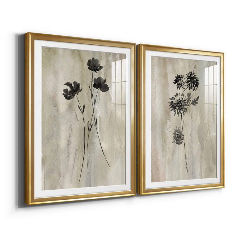 «Sumi-E Silhouette III», ensemble de 2 reproductions d'art, Impression encadrée avec passe-partout, H 26,5 po x l 73 po, Doré