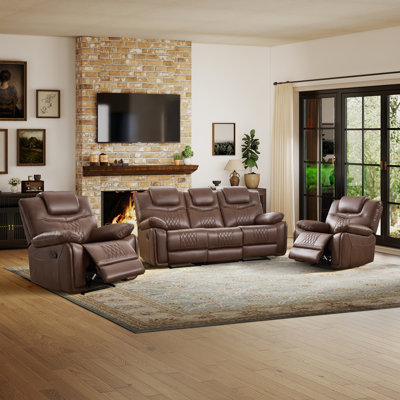 Ensemble de salon 3 pièces en similicuir classique avec canapé et fauteuil inclinables, confort rembourré pour une détente familiale