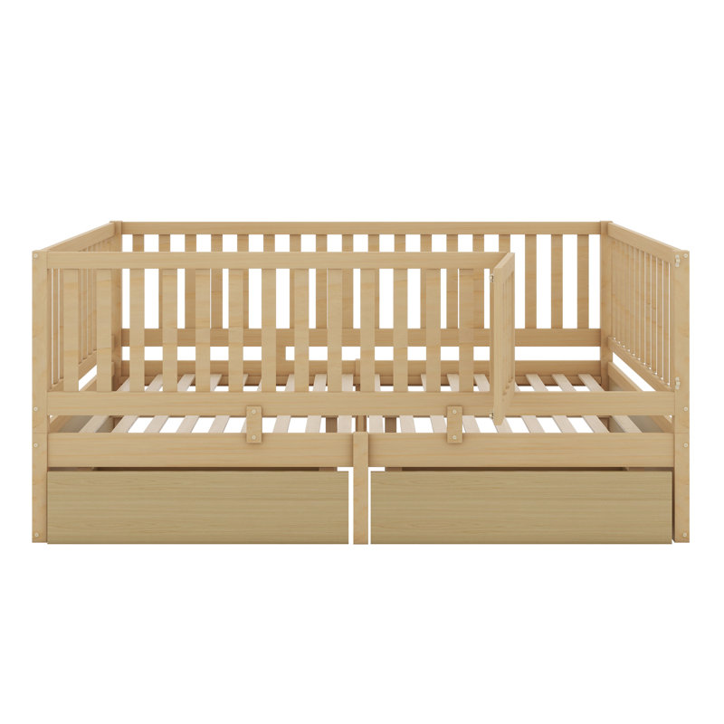 Wood Daybed With Fence Guardrails,Drawers And Split Into Independent Floor Bed, Natural, Twin