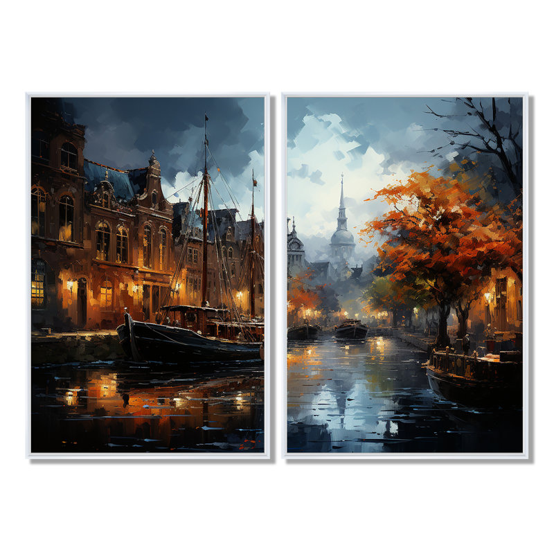 Danemark, Amsterdam, canal, nuit, II - Danemark, ensemble de 2 grandes impressions sur toile, 36" H x 48" W, White