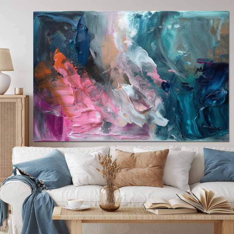 Modern Blue and Pink Abstract - Abstract Wall Art For Living Room, 40" H x 60" W