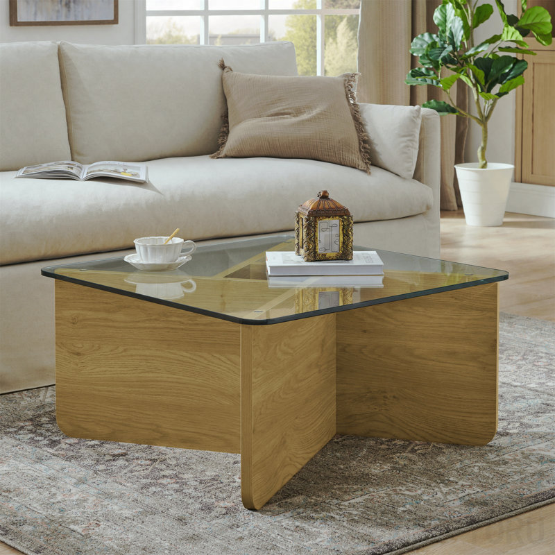 Table basse 31,5 "carrée en verre - Mid-Century moderne, structure en bois - noyer