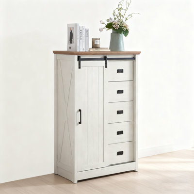 5-drawer Chest W/sliding Barn Door - Farmhouse Style, Engineered Wood (100 Lbs Tabletop Capacity) by One Allium Way