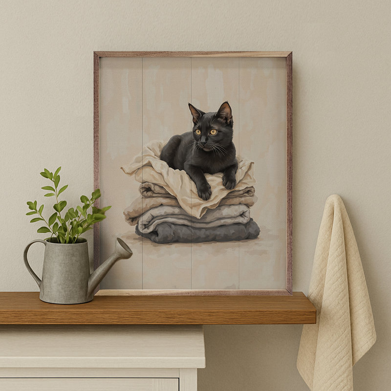 Chat noir sur une lessive pliée, H 10 po x l 8 po