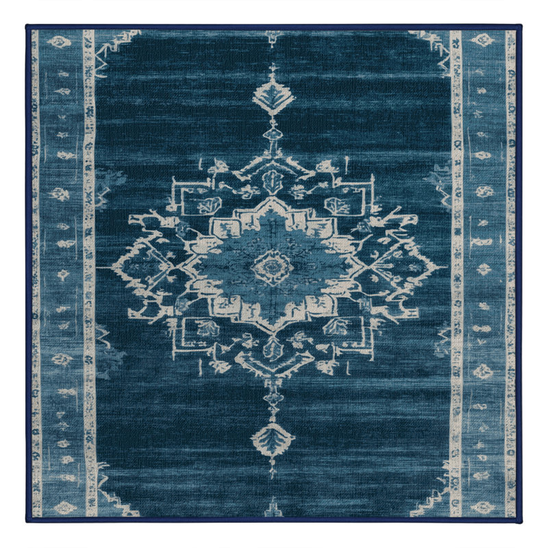 Machine Washable Overdyed Blue Area Rug, Square 8'