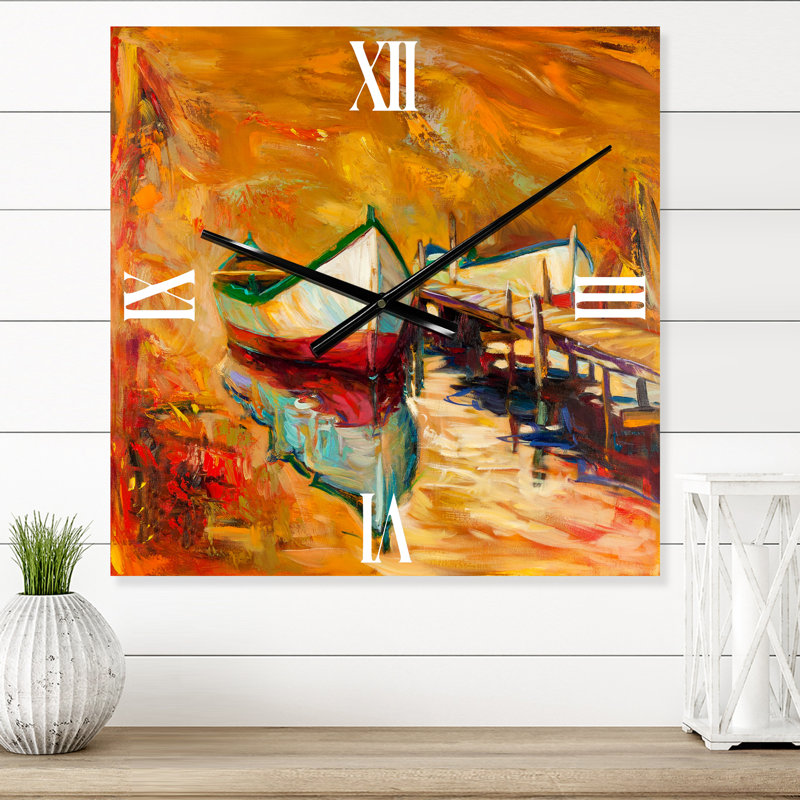 Bateaux blancs et rouges près de la jetée - Horloge murale nautique et côtière, Très grand
