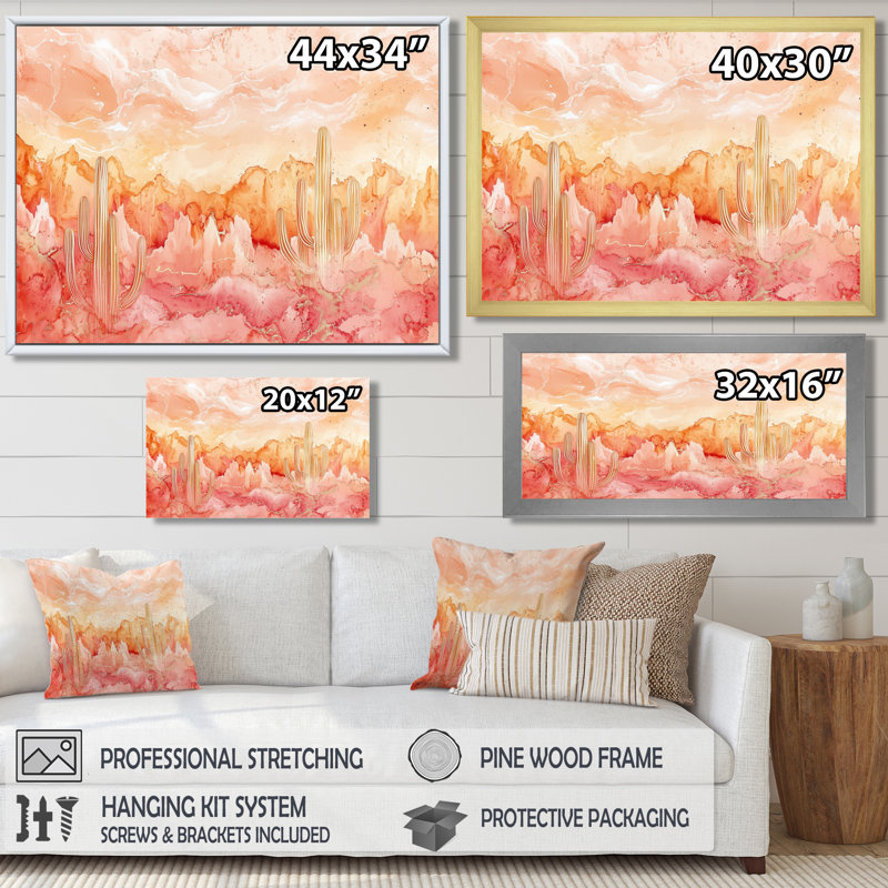 «Velvet Pulse Of Cactus I», impression d'art mural cactus floral, 30" H x 40" W, Reproduction avec cadre flottant, Gold