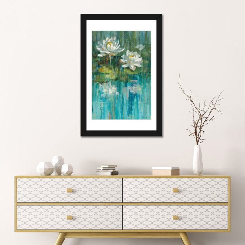 « water lily étang panel ii », reproduction d’art sur toile, H 32 po x l 24 po x P 1 po, Papier d'art encadré noir, Blanc